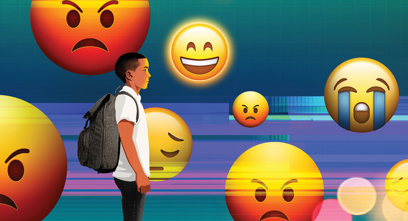 An illustration of a student with a backpack, surrounded by large emojis representing various emotions.