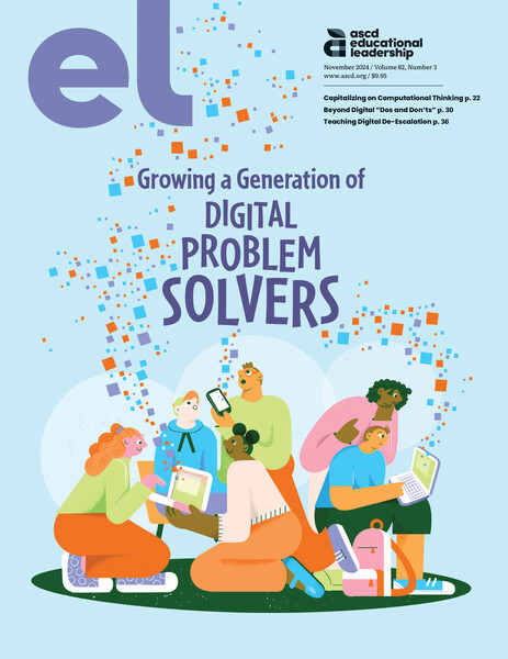 Magazine cover titled 'Growing a Generation of Digital Problem Solvers' featuring an illustration of students working on devices as "pixels" of digital information float into the air