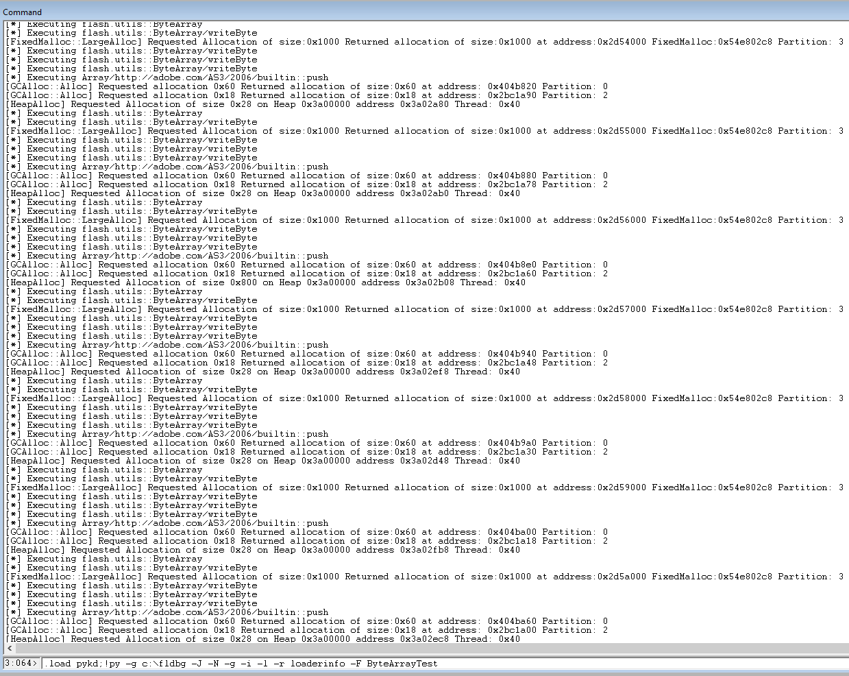 Trace native and jitted functions and attempt to monitor FixedMalloc GCHeap and system heap allocations as well as GC allocations. Start monitoring allocations only after ByteArrayTest is being jitted to decrease the output noise and break point at flash.display::LoaderInfo